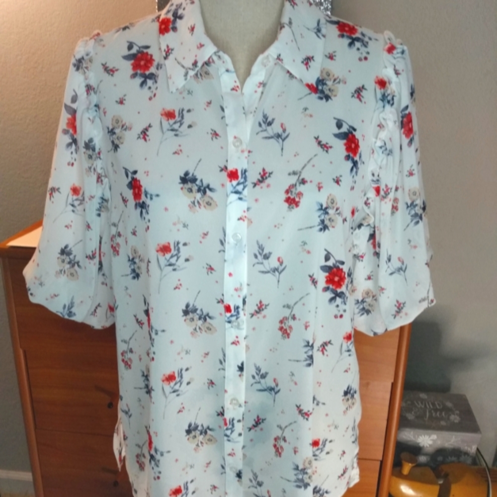 Maeve White Blouse with Red and Blue Floral Print